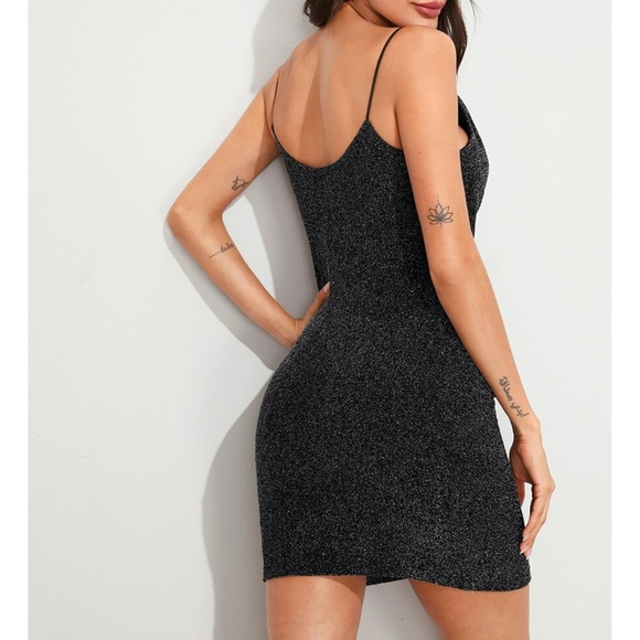 Black Silver Glitter Draped Neckline Bodycon Dress - Picture 2 of 6
